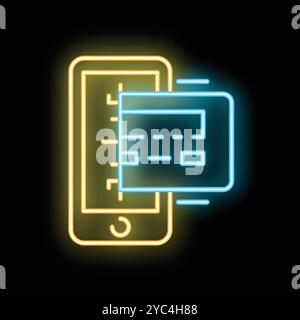Glowing neon icon of a smartphone sending credit card information Stock Vector