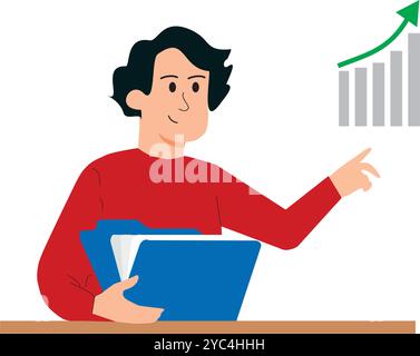 Man with a folder with paper sheets pointing a bar chart on a desk on a white background Stock Vector