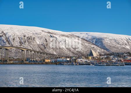 Tromso Norway city skyline at harbor with Arctic Cathedral Stock Photo