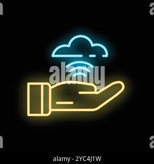 Neon illustration representing the concept of cloud computing services being held in the palm of a businessman's hand Stock Vector