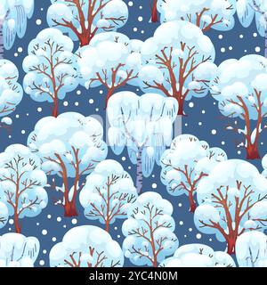 Winter forest seamless pattern. Repeated snow covered trees, cold season landscape, christmas and new year elements, branches with snow. Decor textile Stock Vector