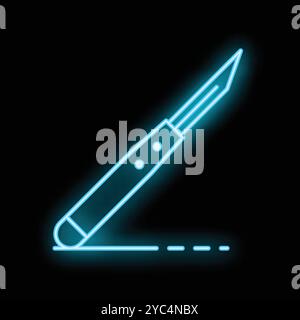 Neon medical scalpel cutting line icon glowing blue on black background Stock Vector