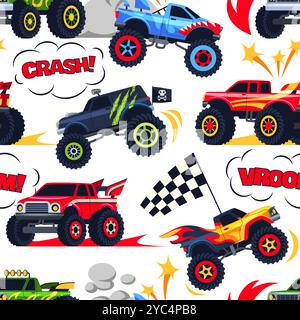 Heavy cars seamless pattern. Repeated monster trucks with aggressive design and large wheels, american extreme show. Decor textile, wrapping paper Stock Vector