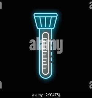 Blue neon sign is glowing on a black wall depicting a flashlight Stock Vector