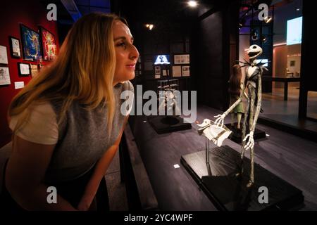 Jack Skellington, king of Halloween Town from The Nightmare Before Christmas, a 1993 animated musical  photographed at the press viewing of The World of Tim Burton on Monday 21 October 2024 at The Design Museum, London. This major exhibtion sees Tim Burtons personal archive on display in the UK for the first time. Picture by Julie Edwards. Stock Photo