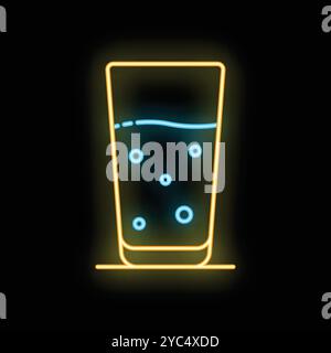Bright yellow neon sign showing a glass of sparkling water, isolated on a black background Stock Vector
