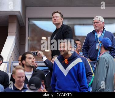 Elon Musk in VIP lounge in Arthur Ashe Stadium during the  Men's Singles final at the US Open 2024 Championships, Billie Jean King Tennis Center,Queen Stock Photo