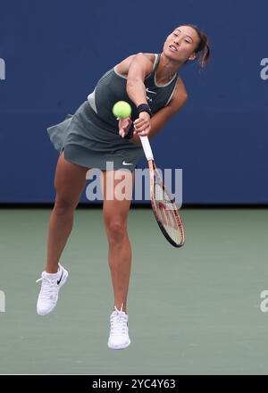 Tennis player Qinwen Zheng of China in action at the US Open 2024 Championships,Billie Jean King Tennis Center, Queens,New York,USA. Stock Photo