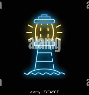 Neon lighthouse shining its beam out over a dark ocean, guiding ships to safety Stock Vector