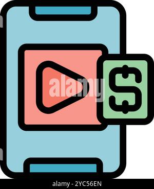 Mobile phone showing video monetization concept with a play button and dollar sign Stock Vector