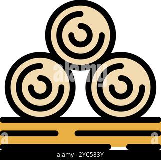 Round bales of hay are piled up on a wooden platform, ready for winter storage Stock Vector