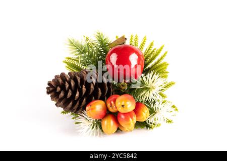 Christmas decoration center piece with red apple and pear isolated on white Stock Photo