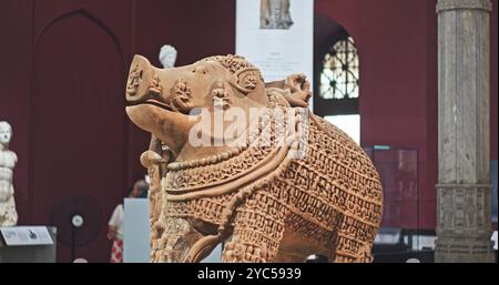 Varaha - Colossal Boar Is Third Incarnation Of Lord Vishnu. He Is Depicted With Human Body And Boar Head. He Is Holding Gada -mace-, Shankha -conch- Stock Photo