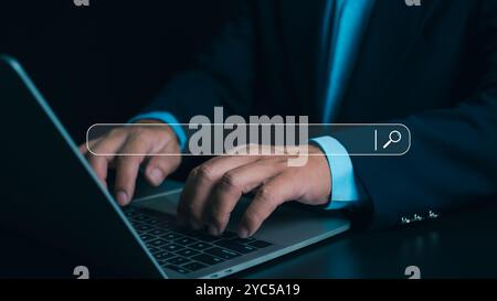Businessman searching browsing Internet data information networking concept, Technology Search engine optimization, SEO with social media content and Stock Photo