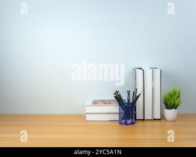 Back to school concept,  Book stack and  Pencil on wooden table workspace area and white wall, Concept of time to study, Read books, Concept of prepar Stock Photo