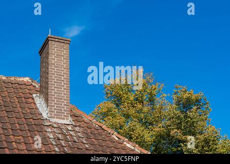 A brick chimney rises from a weathered roof, set against a clear blue sky. Golden autumn leaves on a nearby tree add vibrant color to the serene dayli Stock Photo