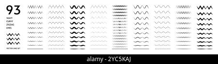 Wavy lines. Zigzag squiggly waves. Curvy wiggle or ripple graphic. Undulate wiggly sine. Black dividers. Jagged parallel. Angular amplitude. Straight underline. Horizontal waveform elements vector set Stock Vector