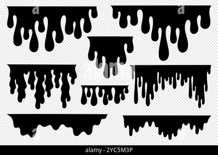 Paint drip. Melting droplets. Liquid flow. Dripping drop. Oil or blood splash. Honey sauce. Syrup or ink fluid texture. Black silhouette shapes. Leaking blobs. Splatter streams. Vector elements set Stock Vector