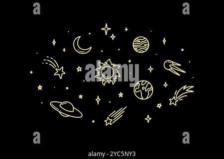 Cute line doodle space background. Childish illustration. Hand drawn planets, sun, moon, stars, satellite. Saturn rings. Sketch twinkle, starburst, sp Stock Vector