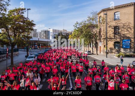 Aerial view of La Carrera de la Mujer in Zaragoza, Spain.    Zaragoza turns pink this Sunday in the Women's Race, with 14,000 race numbers sold out, a Stock Photo