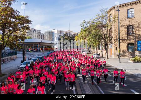 Aerial view of La Carrera de la Mujer in Zaragoza, Spain.    Zaragoza turns pink this Sunday in the Women's Race, with 14,000 race numbers sold out, a Stock Photo