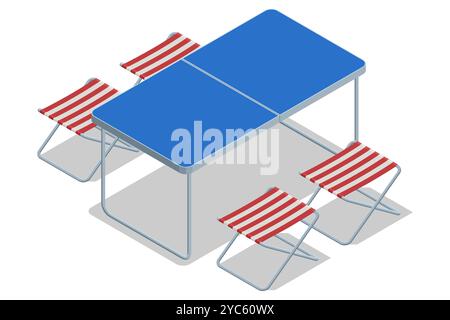 Isometric aluminum folding table for camping and travel. Easy folding table for camping or for fishing. Furniture for outdoor bbq dining, garden desk Stock Vector