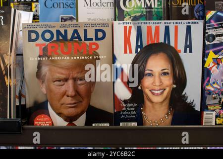 Magazines published by A360 Media with presidential nominees Donald J. Trump and Kamala Harris on the covers are displayed at a bookstore in Tigard... Stock Photo