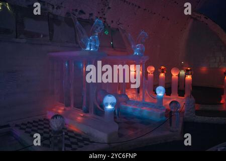 Fairbanks, MAR 20 2023 - Interior view of the bar in Aurora Ice Museum. High quality photo Stock Photo