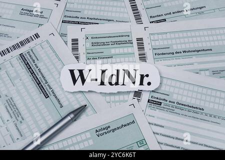 Formulare des Finanzamtes und W-IdNr. Formulare des Finanzamtes und W-IdNr., 21.10.2024, Borkwalde, Brandenburg, Verschiedene Formulare des Finanzamtes liegen nebeneinander mit dem Schriftzug W-IdNr.. *** Forms of the tax office and W IdNr Forms of the tax office and W IdNr , 21 10 2024, Borkwalde, Brandenburg, Various forms of the tax office are next to each other with the lettering W IdNr Stock Photo