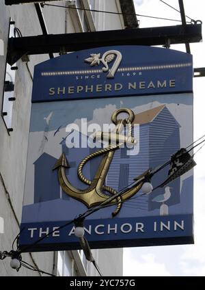 Traditional hanging pub sign at The Anchor Inn - a Shepherd Neame  public house - George Street, Hastings Old Town, Hastings, East Sussex, England, UK Stock Photo