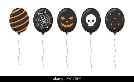 Set of black balloons with Halloween patterns and elements, isolated on white background. Flat vector illustration Stock Vector