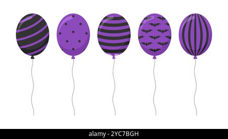Set of black and purple Halloween balloons, isolated on white background. Flat vector illustration Stock Vector