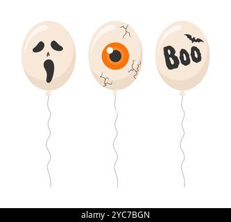 Set of beige balloons with Halloween elements, isolated on white background. Flat vector illustration Stock Vector