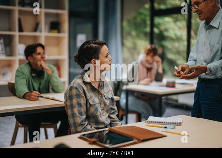 Students engaged in classroom discussion with elderly professor Stock Photo