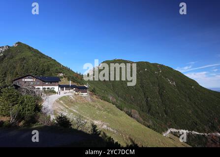 Herzogstand, Bayern, Deutschland, 21. Oktober 2024: Ein Herbsttag am Herzogstand Gemeinde KochelLandkreis Bad Tölz-Wolfratshausen. Hier der Blick auf das Berggasthaus Herzogstand, Restaurant, Einkehr und dem Gipfel re. Bayerische Voralpen, wandern, Bergwandern, Alpen, hoch über dem Walchensee, Zweiseenland, spazieren, Herbst, herbstlich, Sonnenwetter, Ausflugswetter, München Hausberg *** Herzogstand, Bavaria, Germany, 21 October 2024 An autumn day at the Herzogstand in the municipality of Kochel, Bad Tölz Wolfratshausen district Here is the view of the Herzogstand mountain inn, restaurant, ref Stock Photo