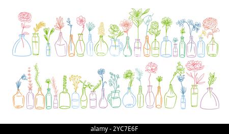 Modern network of isolated and dravn doodle flowers in vases, bottles. Pattern flowers dravn one line. hand drawing. Not AI, Vector illustration Stock Vector