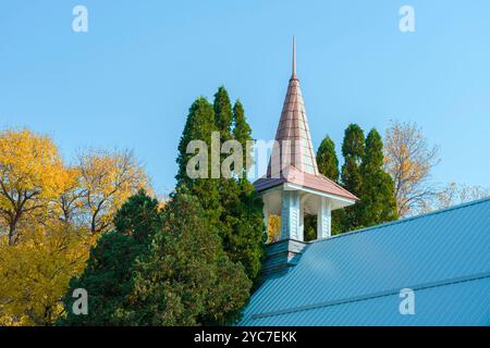 Old steeple of church roof shows against a blue sky with surrounding tree tops of pine & other trees of autumn with falling yellow leaves. Stock Photo