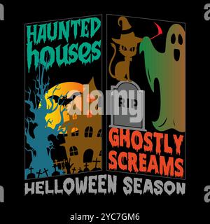 Spooky Halloween T-shirt Designs with Bats, Hunted Tree, Ghost, Scary Cat, Monsters, and Hunted Houses Stock Vector