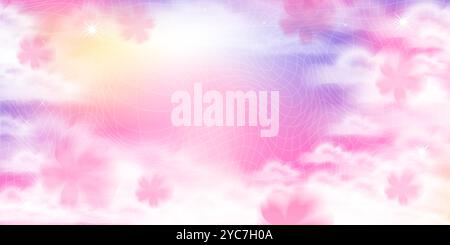 Cute y2k cloud sky sunset background with grid, stars and sakura flowers for girl party banner. Stock Vector