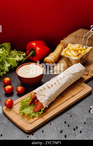 Grilled sausage wrap with fresh lettuce, a perfect quick snack or meal for on-the-go moments Stock Photo