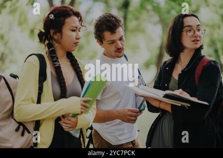 Three multicultural students collaborating on school tasks in the park Stock Photo