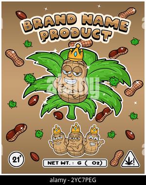 Cartoon peanut flavor with cannabis leaf, designed for logo, label or packaging. Product branding in the cannabis industry, especially for edibles, oi Stock Vector