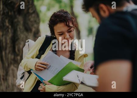 Multicultural students collaborating on schoolwork in a park setting outdoors Stock Photo