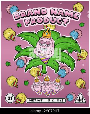 Cartoon cotton candy flavor with cannabis leaf, designed for logo, label or packaging. Product branding in the cannabis industry, especially for edibl Stock Vector