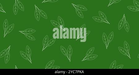 Seamless pattern with fresh spinach leaves outlines on dark green background, vector illustration Stock Vector
