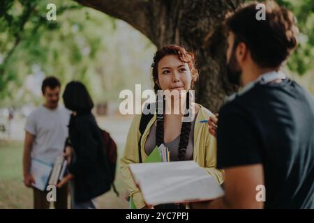 Diverse students collaborating on assignments in a sunny park setting Stock Photo
