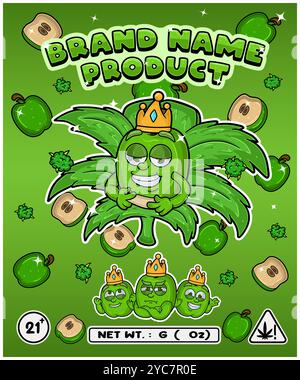 Cartoon green apple flavor with cannabis leaf, designed for logo, label or packaging. Product branding in the cannabis industry, especially for edible Stock Vector