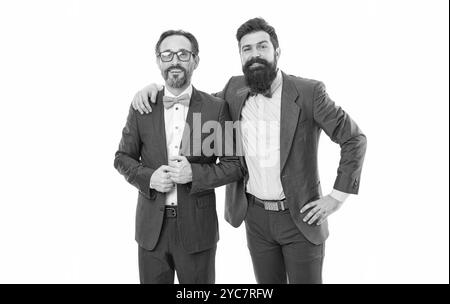 PR manager. partnership of boss men isolated on white. mature men have own business. bearded businessmen in formal suit. business meeting. team Stock Photo
