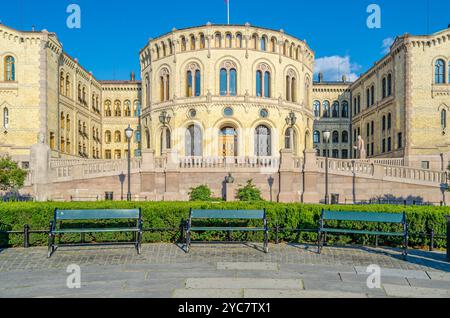 OSLO, NORWAY - JULY 10, 2014: The Storting building in Oslo, the seat of the parliament of Norway, designed by the Swedish architect Emil Victor Langl Stock Photo