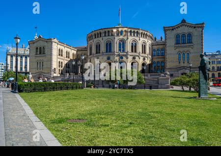 OSLO, NORWAY - JULY 12, 2014: The Storting building in Oslo, the seat of the parliament of Norway, designed by the Swedish architect Emil Victor Langl Stock Photo